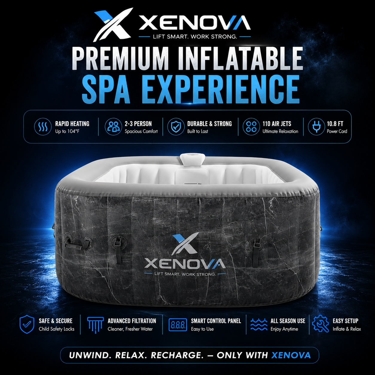 Xenova -Square Inflatable Hot Tub - Marble Pattern